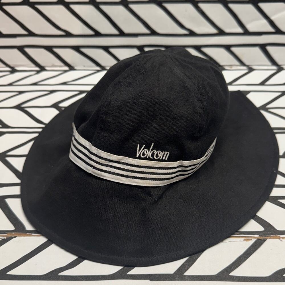 Volcom Black Bucket Hat with Striped Band and split in back with bow design